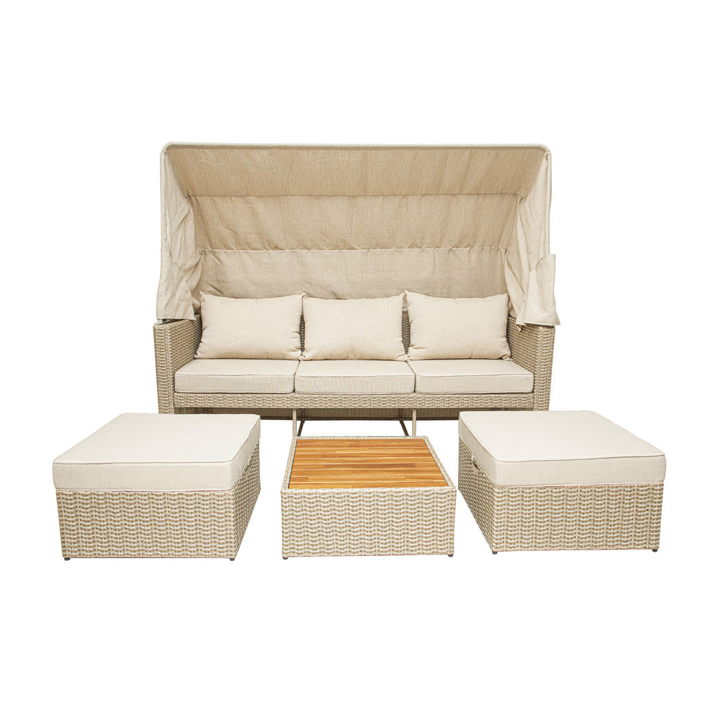 Outdoor Wicker Patio Sofa with Canopy & Ottoman Set D235