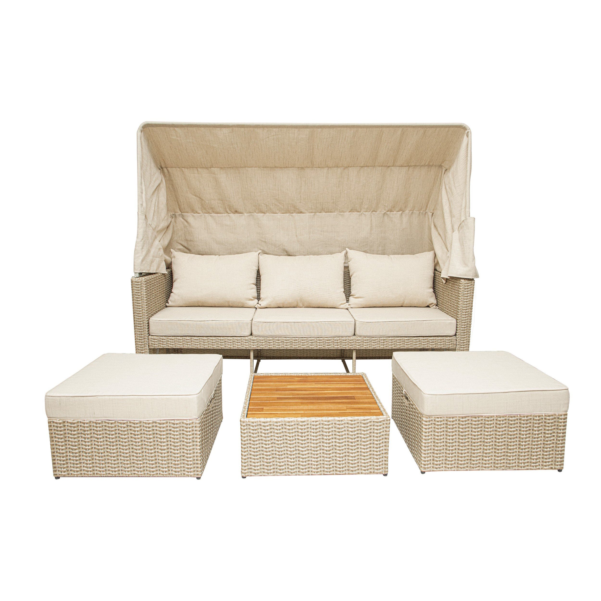 Outdoor Wicker Patio Sofa with Canopy & Ottoman Set D235