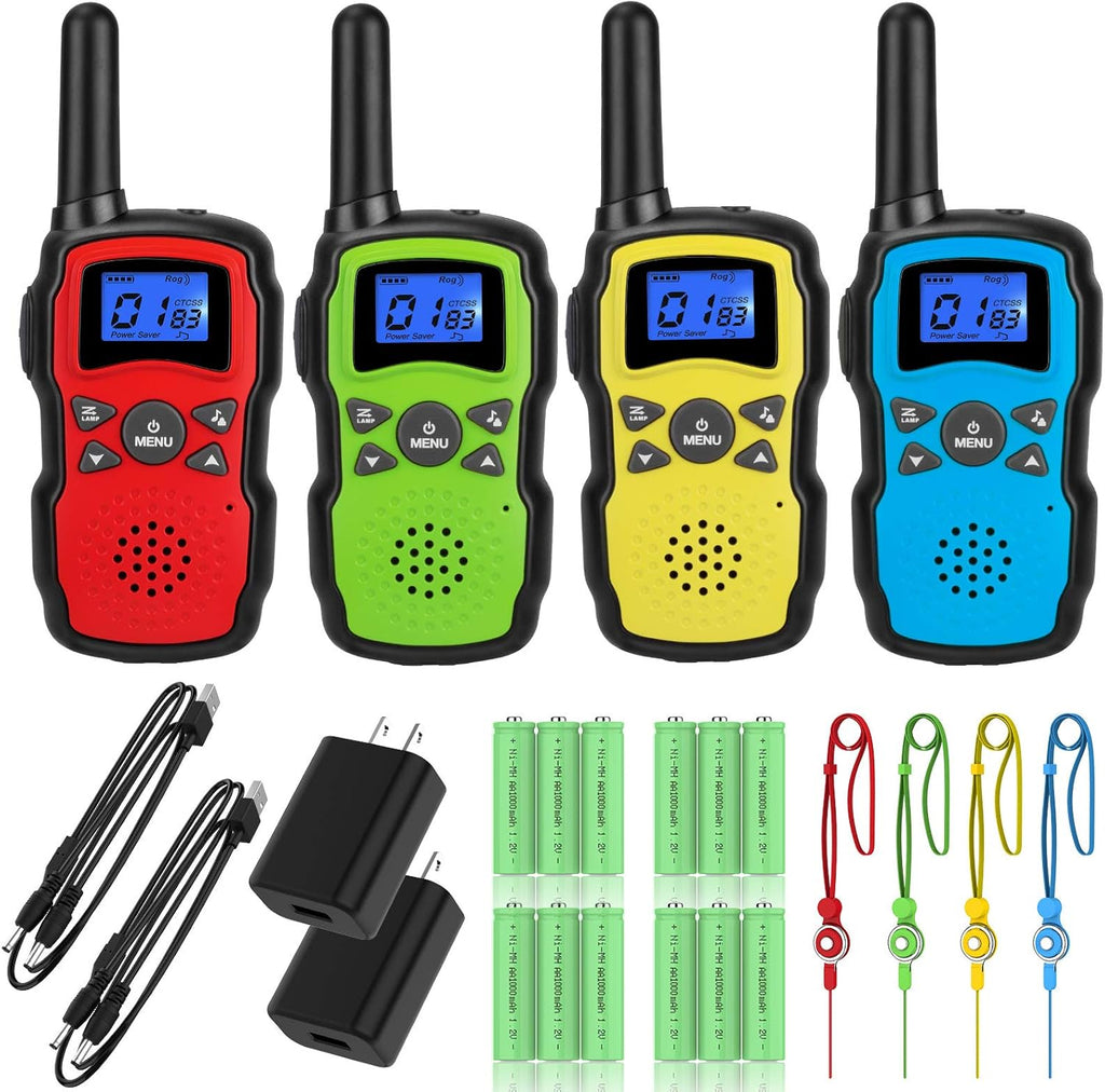 Rechargeable Walkie Talkies 4 Pack with 2 USB Chargers 12 Batteries A908