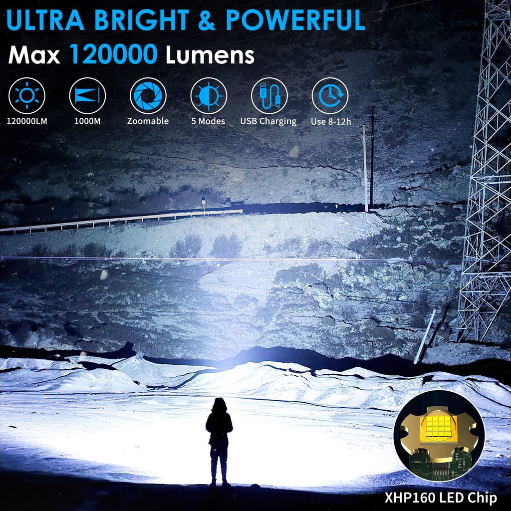 Rechargeable Tactical Flashlight, 120000 Lumens, 5 Modes, Zoomable, Waterproof E23026