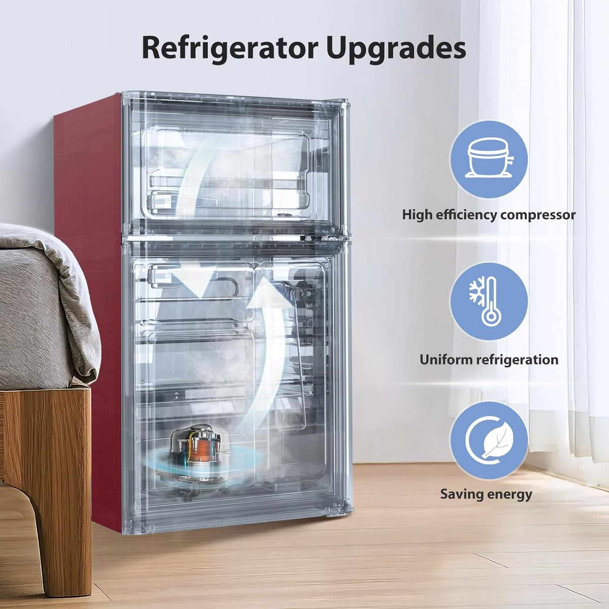 Retro Red 3.2 Cu.Ft Compact Double Door Mini Refrigerator with Freezer U3626