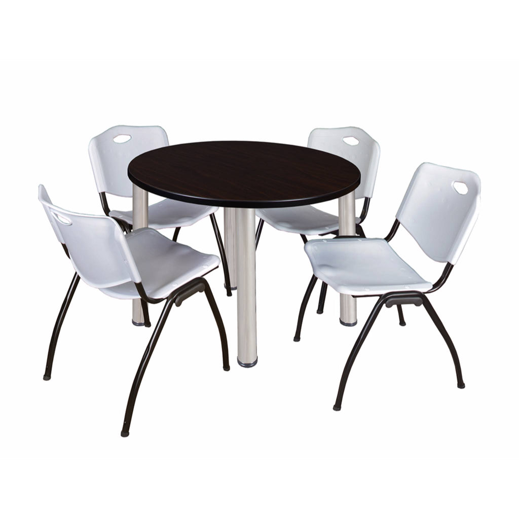 36x22 Round Breakroom Table Mocha Walnut Chrome 4 Stack Chairs Blue V837
