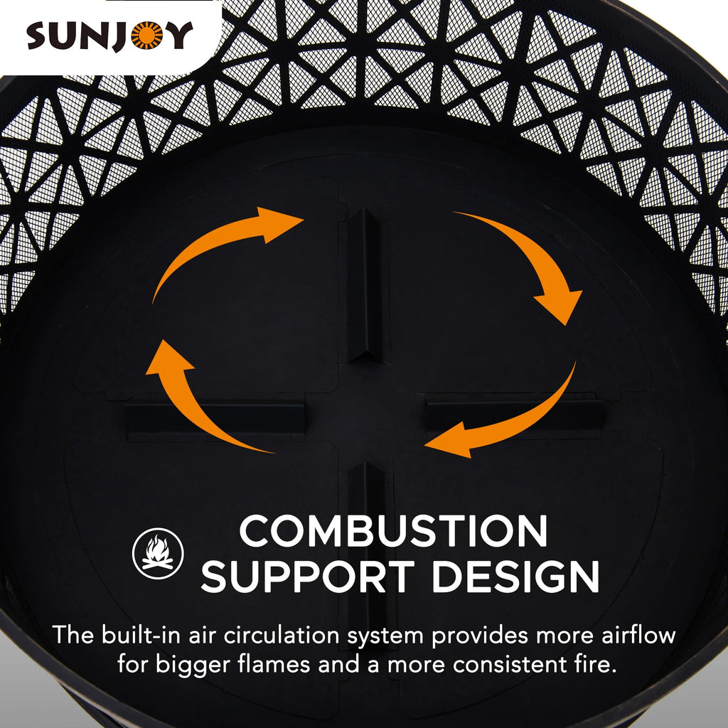 Black Round Steel Outdoor Fire Pit with Spark Screen and Fire Poker L295