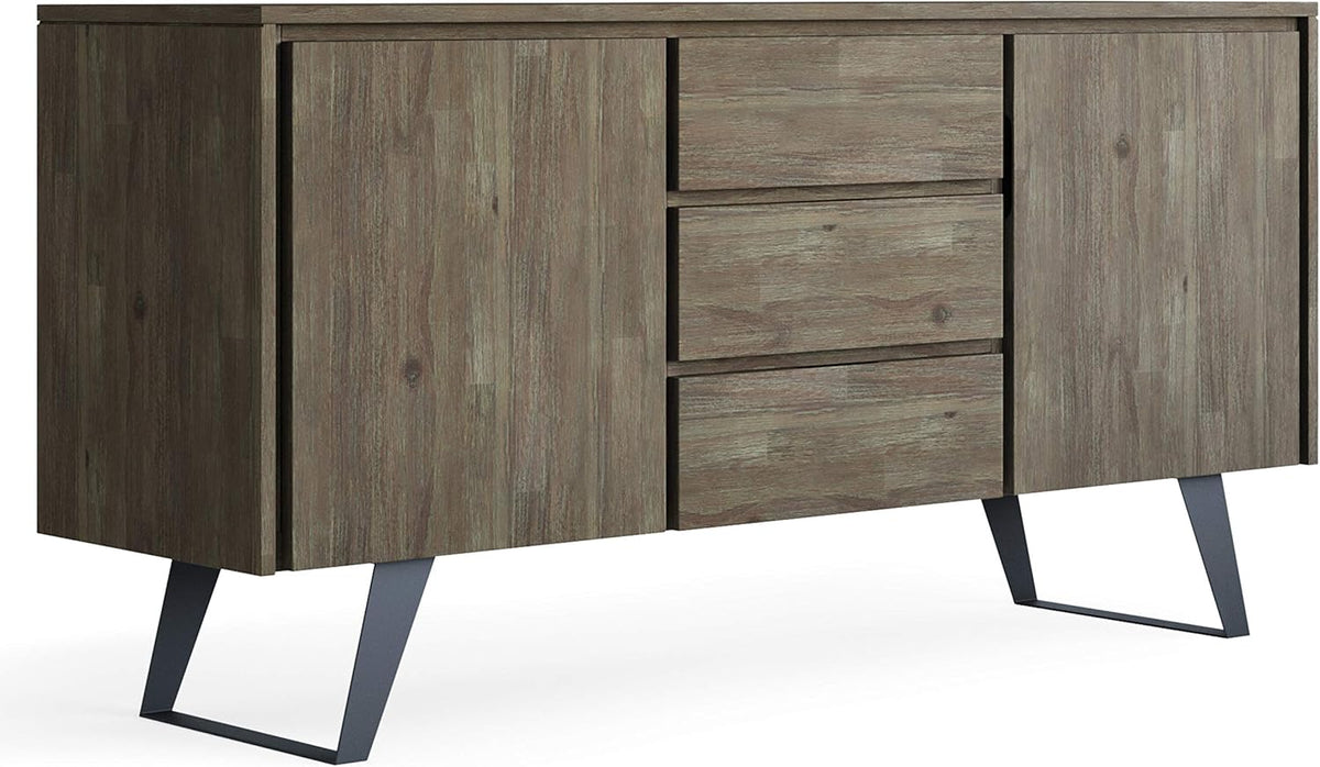 Rustic Natural Aged Brown Solid Acacia Wood and Metal Rectangle Sideboard Buffet with Storage Compartment and 3 Drawers E8801