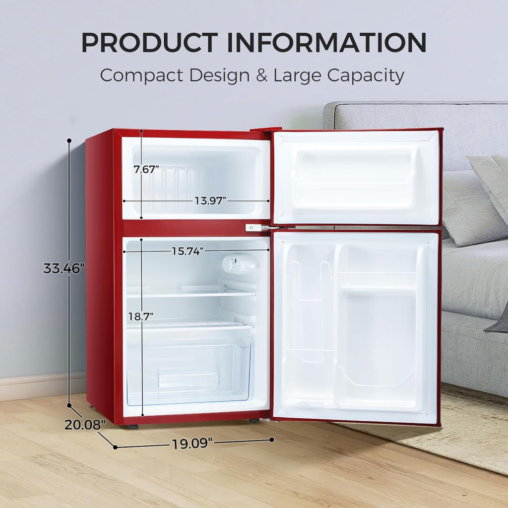 Retro Red 3.2 Cu.Ft Compact Double Door Mini Refrigerator with Freezer U3626