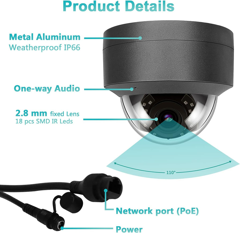 5MP Outdoor IP Dome Security Camera with Audio, 98ft Night Vision, 2.8mm Wide Angle W720785