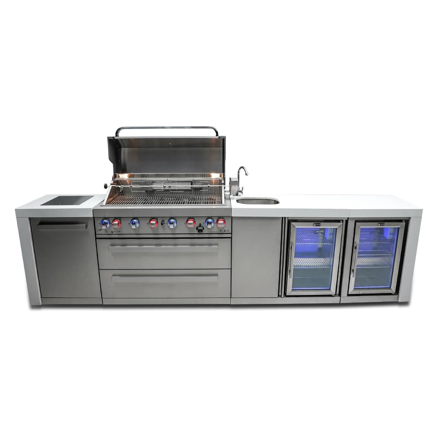 Propane Gas Island Grill with Refrigerator Cabinet, Infrared Side Burner, & Rotisserie Kit O9578