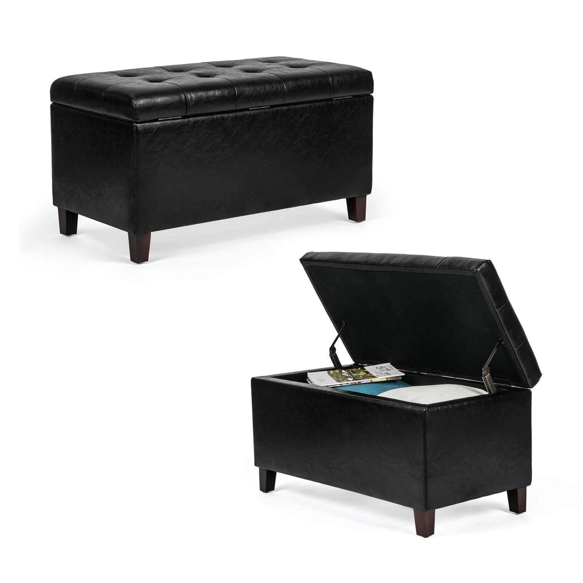 Black Button Tufted Faux Leather Storage Bench Ottoman K858924