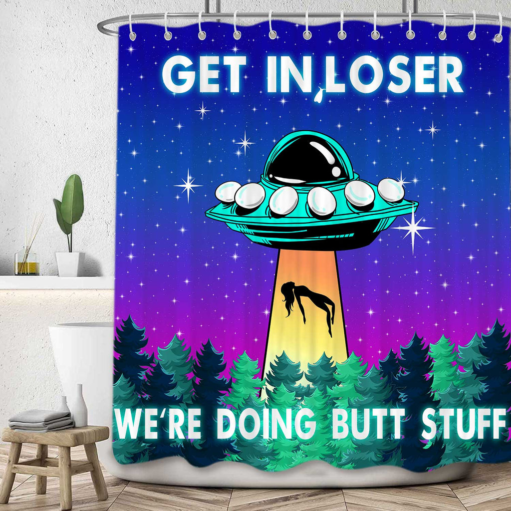 UFO Blue Purple Space Fabric Shower Curtain Set with Hooks 72X72 Inch C223