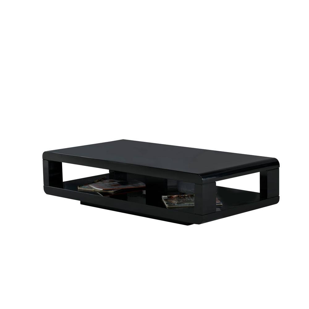 Black Glossy Rectangle Wood Coffee Table with Shelf D22319