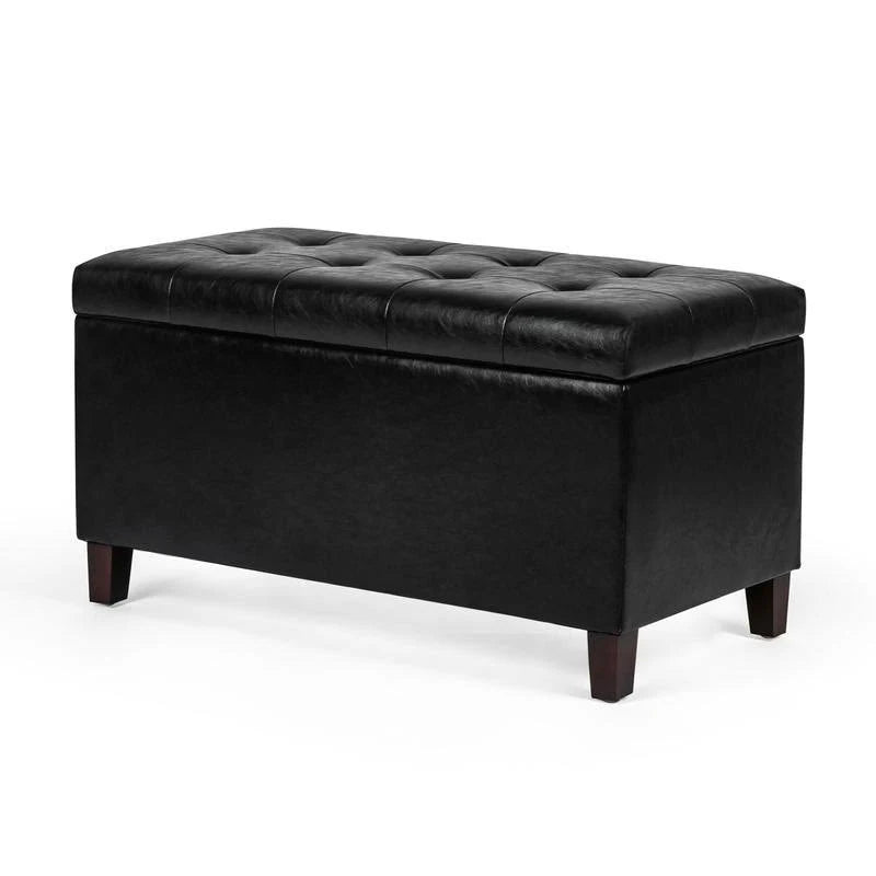 Black Button Tufted Faux Leather Storage Bench Ottoman K858924
