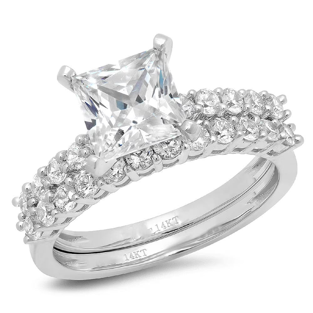Princess Cut Natural Diamond VS1-VS2 J-K 18K White Gold Engagement Ring Set T1915