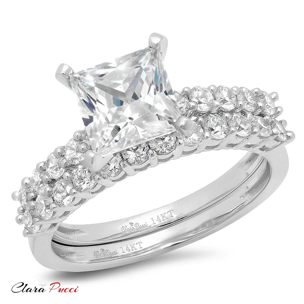 Princess Cut Natural Diamond VS1-VS2 J-K 18K White Gold Engagement Ring Set T1915