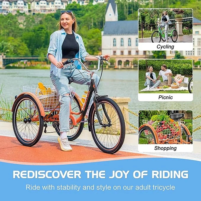 Adult Tricycles 7 Speed 20/24/26 Inch Three Wheel Bike Cruiser Trike with Low-Step Through Frame, Large Basket, Backrest Saddle P84994