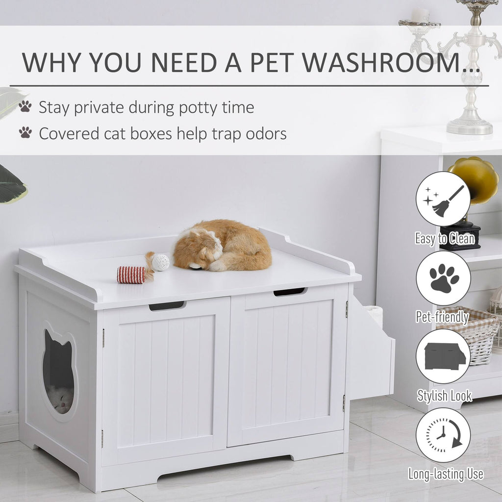 White Wooden Cat Litter Box Enclosure with Nightstand and Storage Rack Q473814
