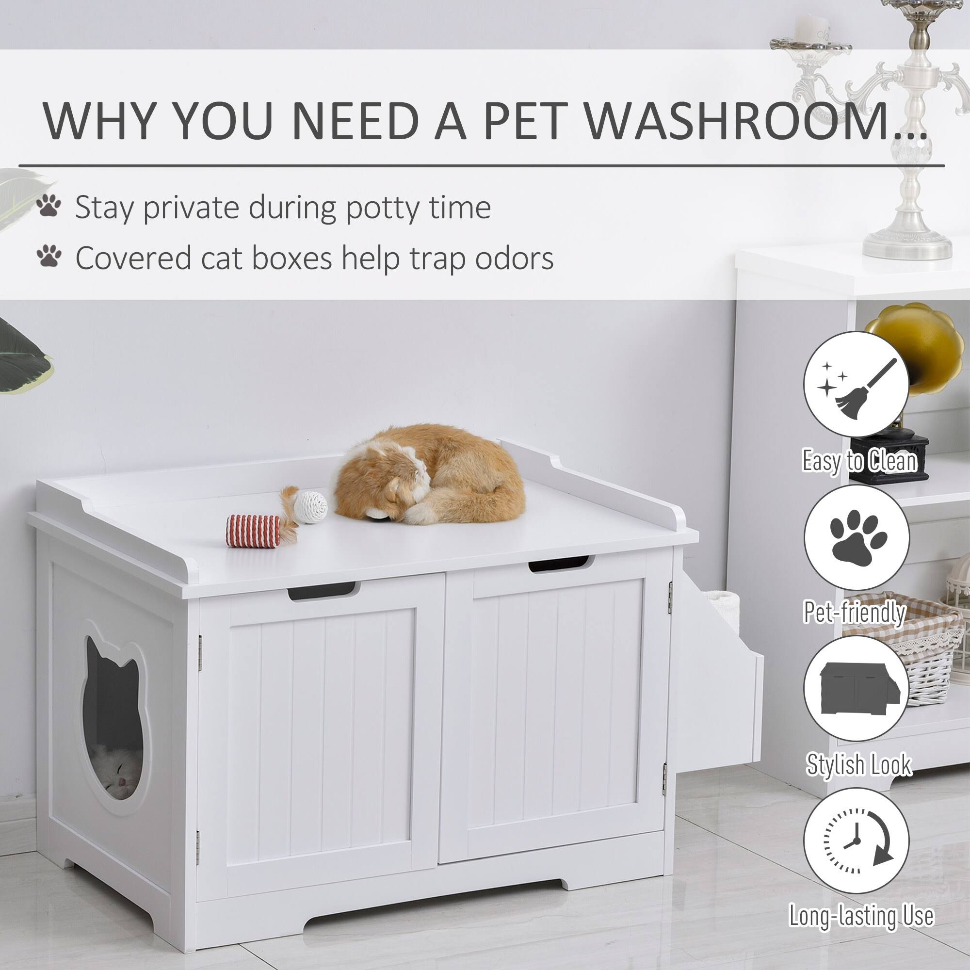 White Wooden Cat Litter Box Enclosure with Nightstand and Storage Rack Q473814