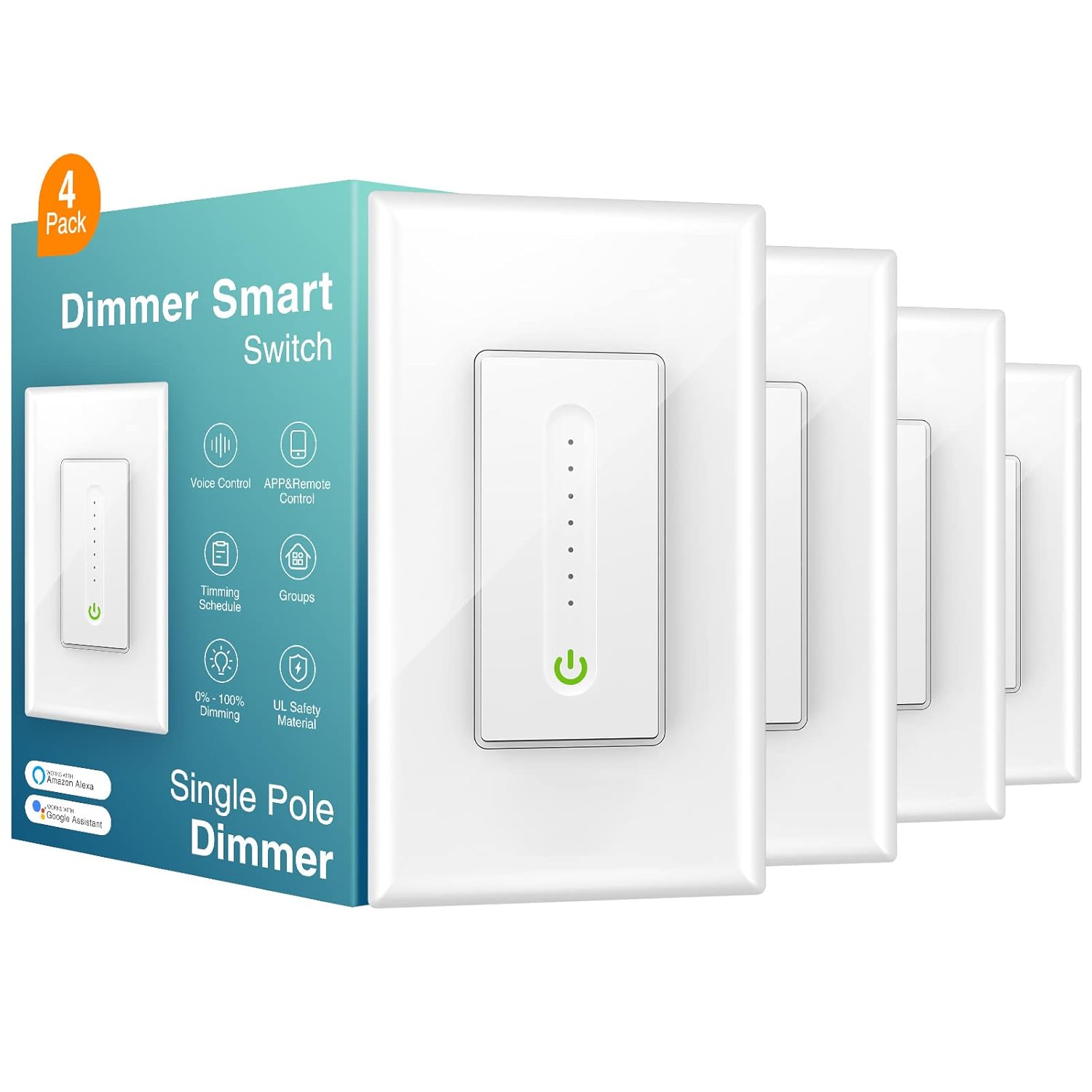 Smart Dimmer Switch Single-Pole 2.4Ghz Wi-Fi Light Switch UL Certified Neutral Wire Required 4 Pack C90313