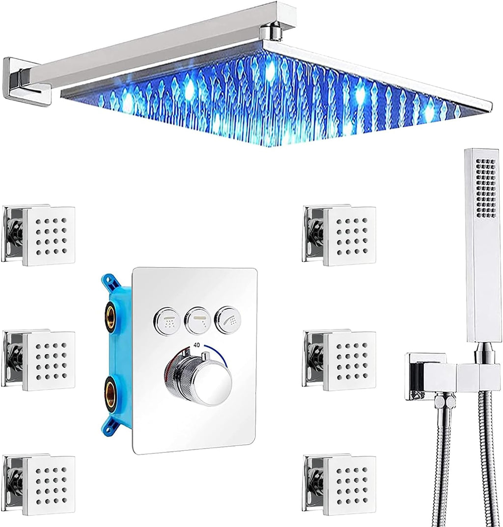 12 Inch Ceiling Rain Shower Head Combo System with Body Jets and Handheld, Matte Black Shower Faucet Fixture Set E356794