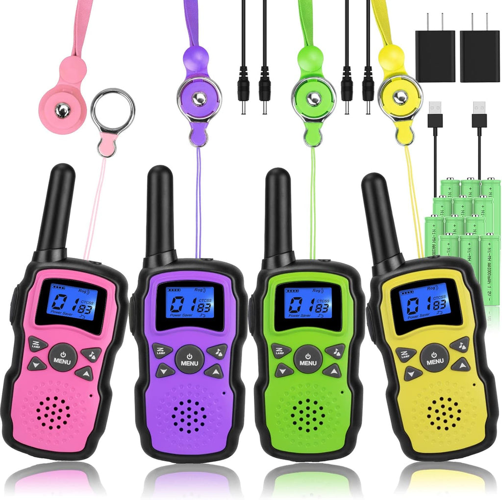 Rechargeable Walkie Talkies 4 Pack with 2 USB Chargers 12 Batteries A908