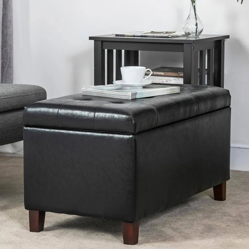 Black Button Tufted Faux Leather Storage Bench Ottoman K858924