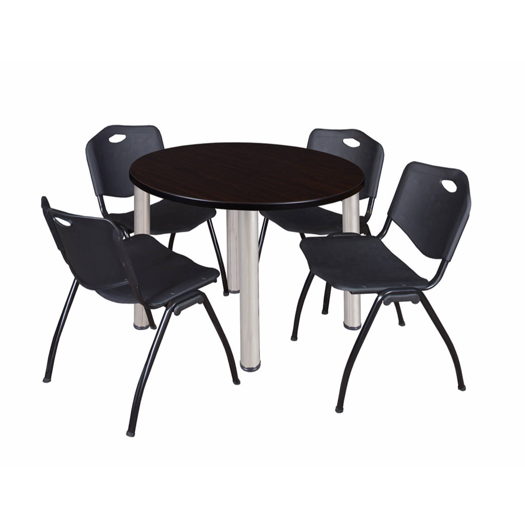 36x22 Round Breakroom Table Mocha Walnut Chrome 4 Stack Chairs Blue V837