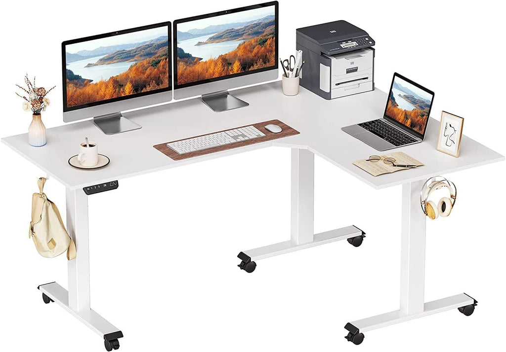 Triple Motor L-Shaped Electric Standing Desk, 63 inches Height Adjustable, Black Frame Rustic Brown Top O913273