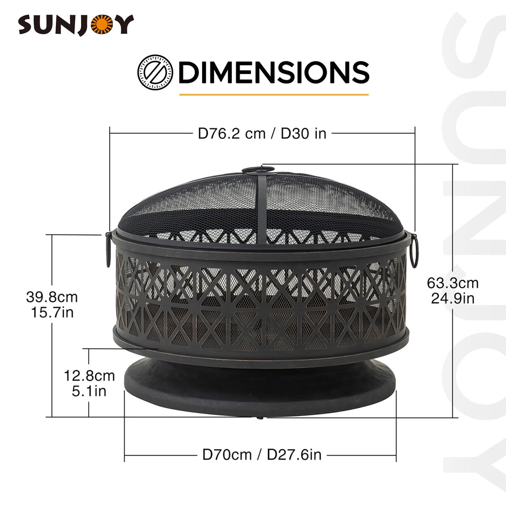 Black Round Steel Outdoor Fire Pit with Spark Screen and Fire Poker L295