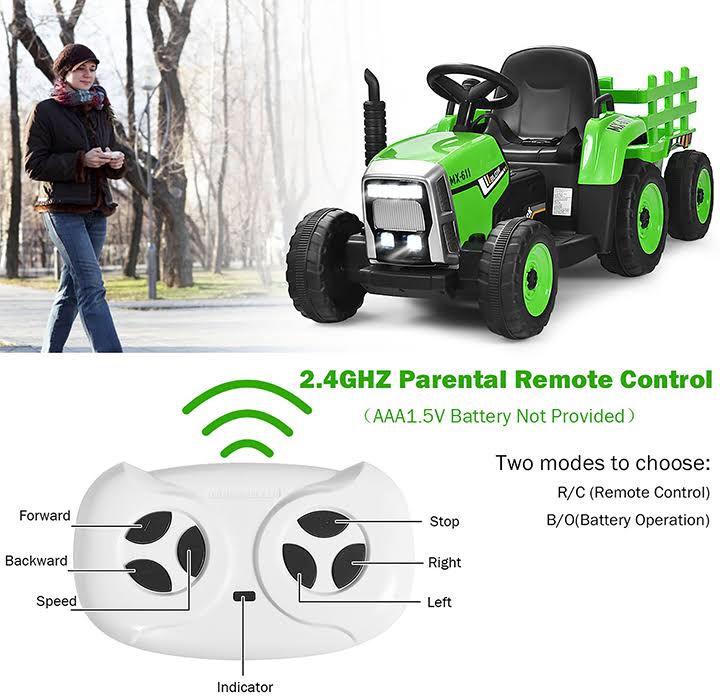 Green 12V Kids Ride on Tractor with Trailer W16100