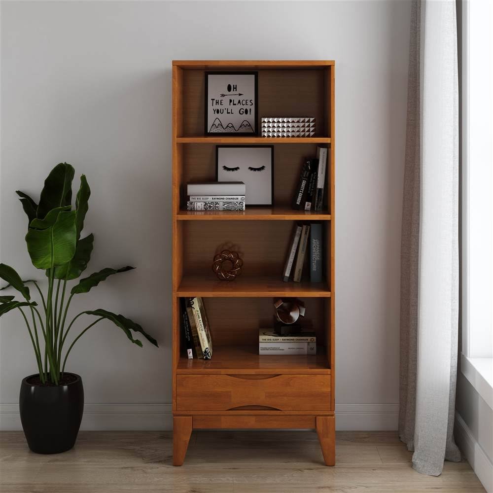 Solid Hardwood Mid-Century Modern Bookcase with Storage in Teak Brown B316883