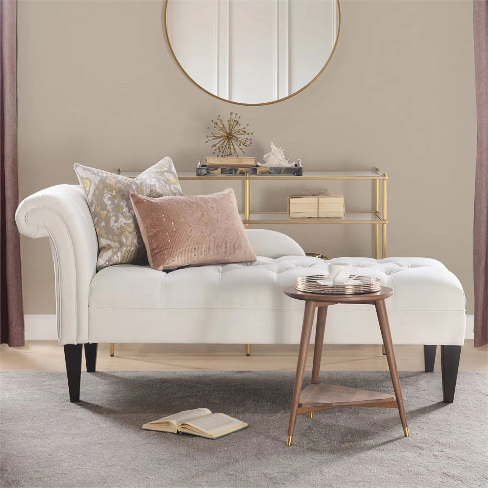Antique White Hardwood Tufted Roll Arm Chaise Lounge O4761