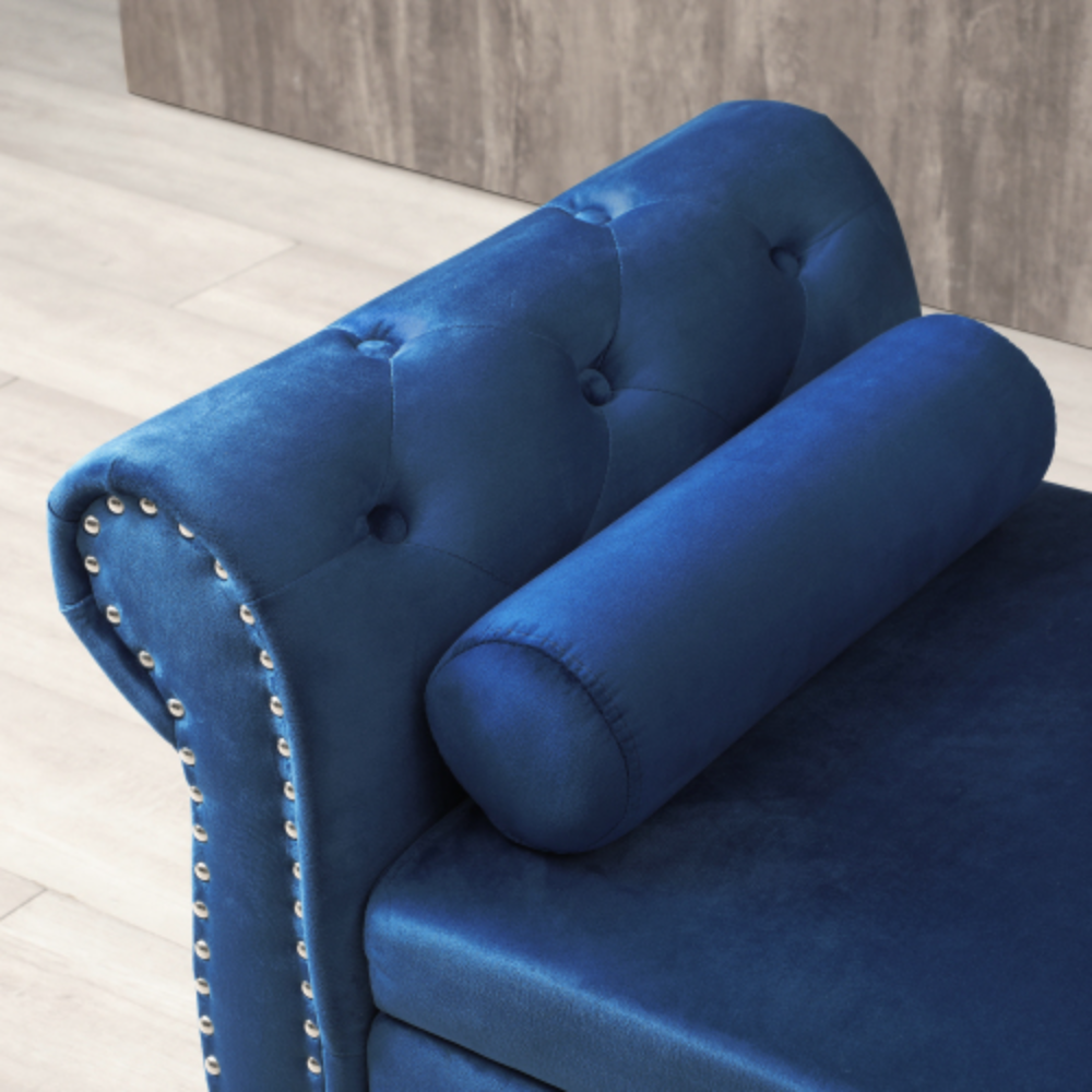 Blue Velvet Storage Bench Ottoman with Pillow I254