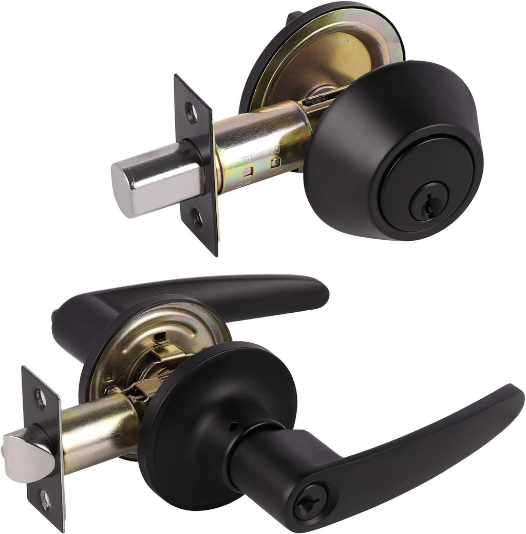 Matte Black 5 Pack Door Handle Lock Set with Double Keyed Deadbolt U3452
