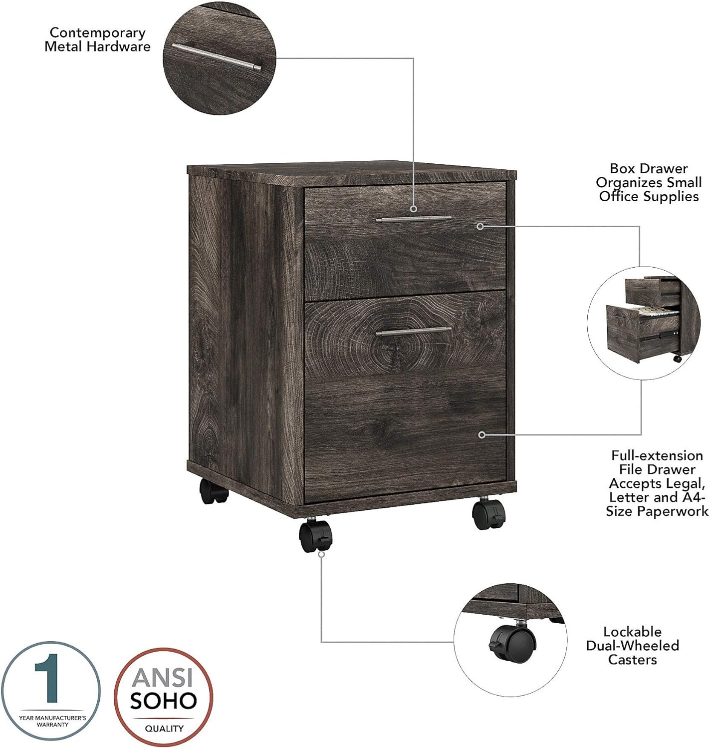 Dark Gray Hickory 2 Drawer Mobile File Cabinet C14477