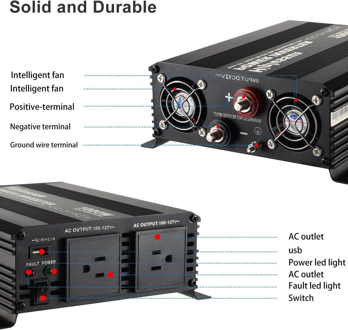 Power Inverter 1000 Watt 12v to 110v Modified Sine Wave with USB Port and Dual AC Outlets O45447