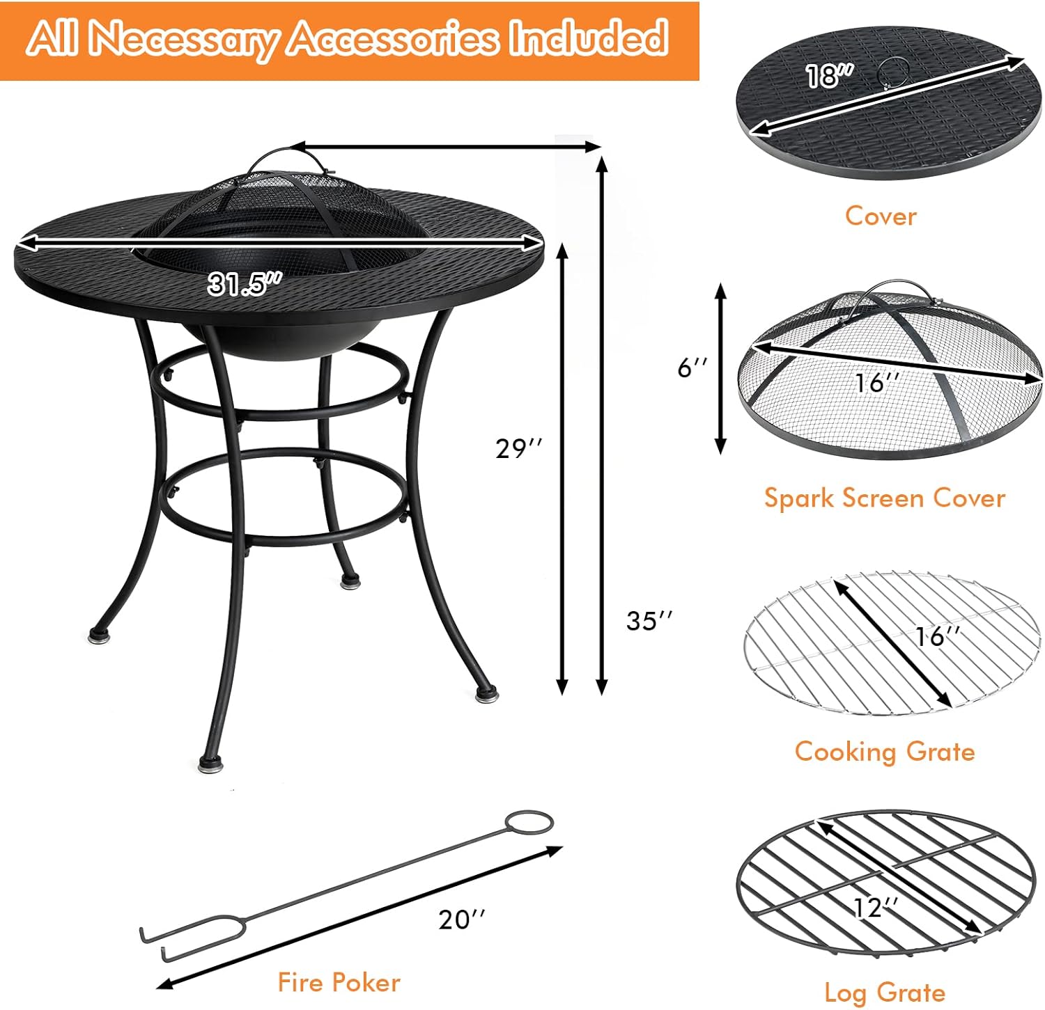 32 Inch Metal Wood Burning Fire Pit with Cover and Grill Grate E21836