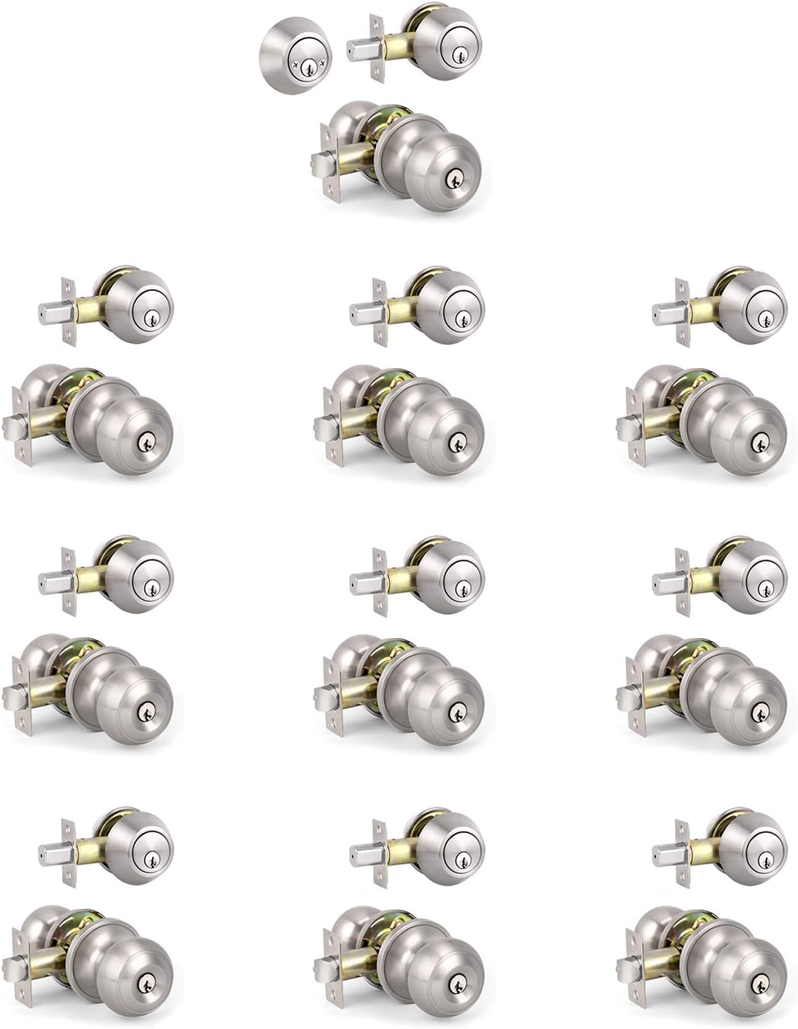 10 Sets Keyed Alike Door Handleset with Deadbolt, Satin Nickel Entry Door Knob with Double Cylinder Deadbolt F96057