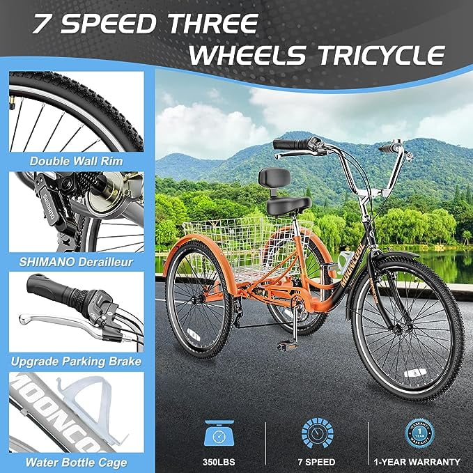 Adult Tricycles 7 Speed 20/24/26 Inch Three Wheel Bike Cruiser Trike with Low-Step Through Frame, Large Basket, Backrest Saddle P84994