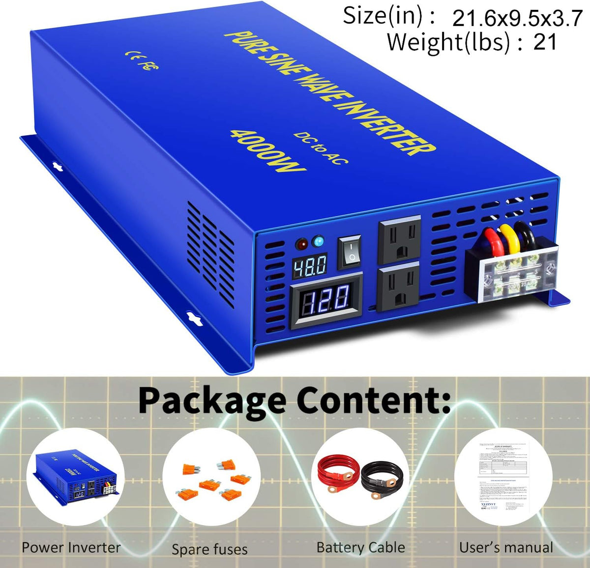 3500 Watt Pure Sine Wave Power Inverter 48V to 120V AC D3833