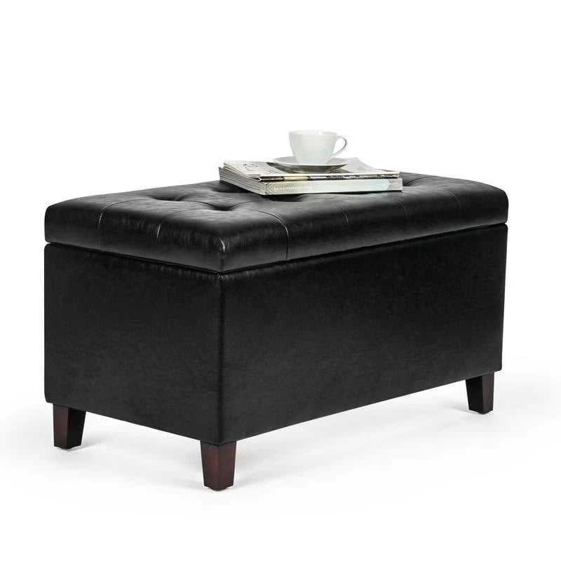 Black Button Tufted Faux Leather Storage Bench Ottoman K858924