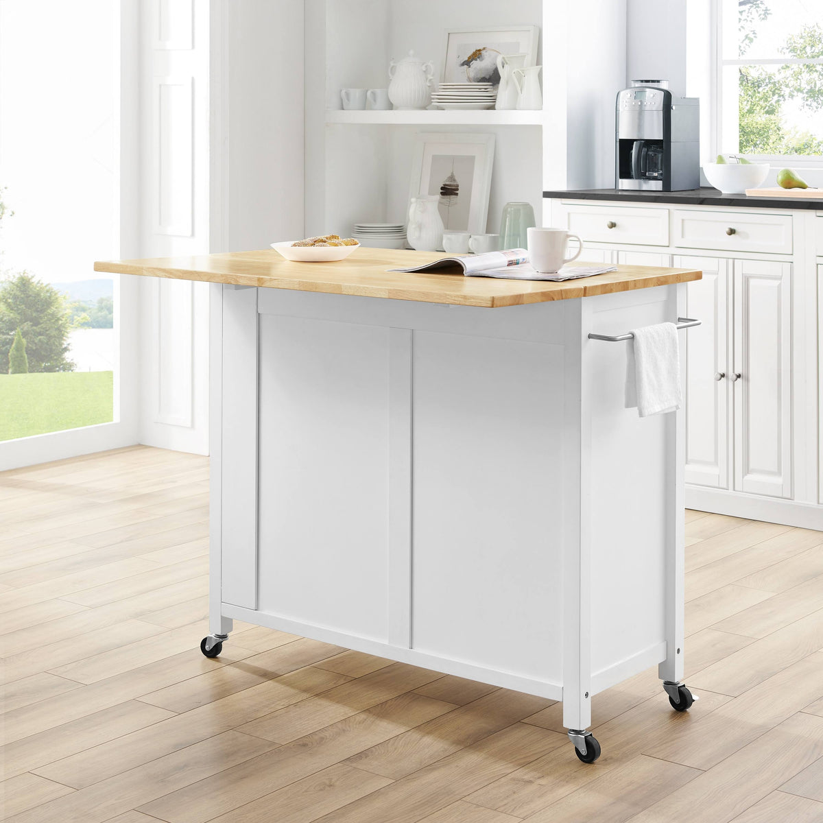 White Natural Wood Top Drop-Leaf Kitchen Island Cart S97335