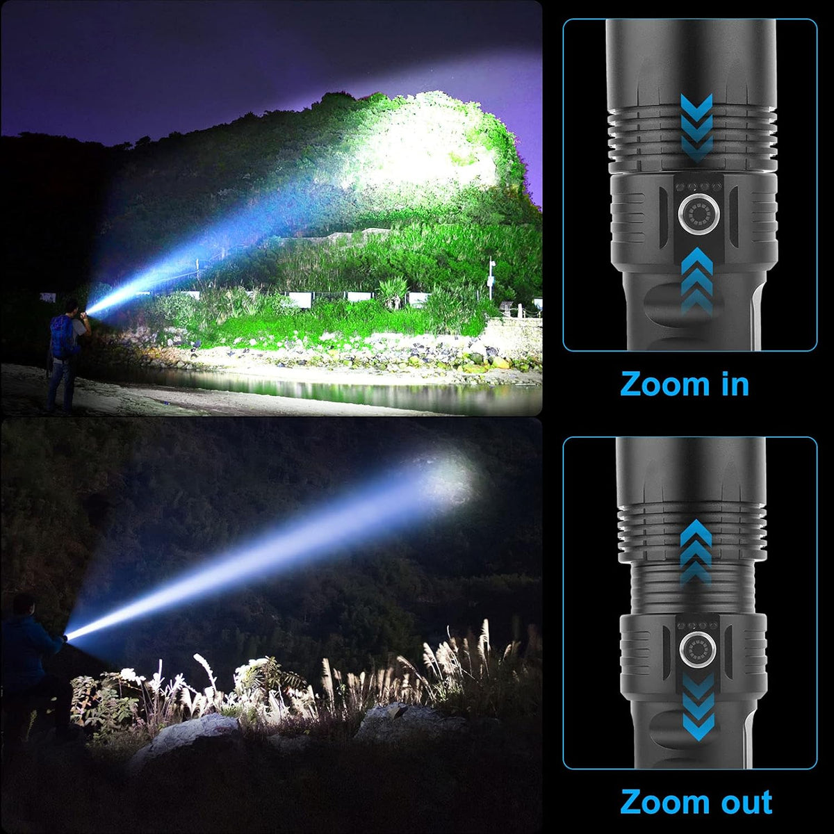 Rechargeable 100000 Lumens Tactical LED Flashlight with 3 Modes, 4 Batteries, Zoomable, IPX5 Waterproof W924