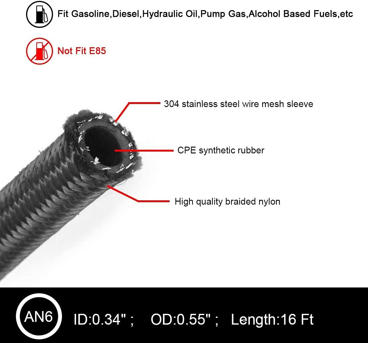 3/8" Braided Stainless Steel Fuel Line Hose with 10pcs Rotary Swivel Hose Ends Kit V4366