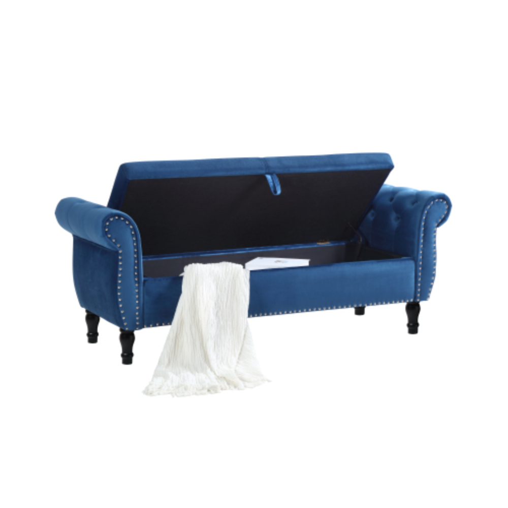 Blue Velvet Storage Bench Ottoman with Pillow I254