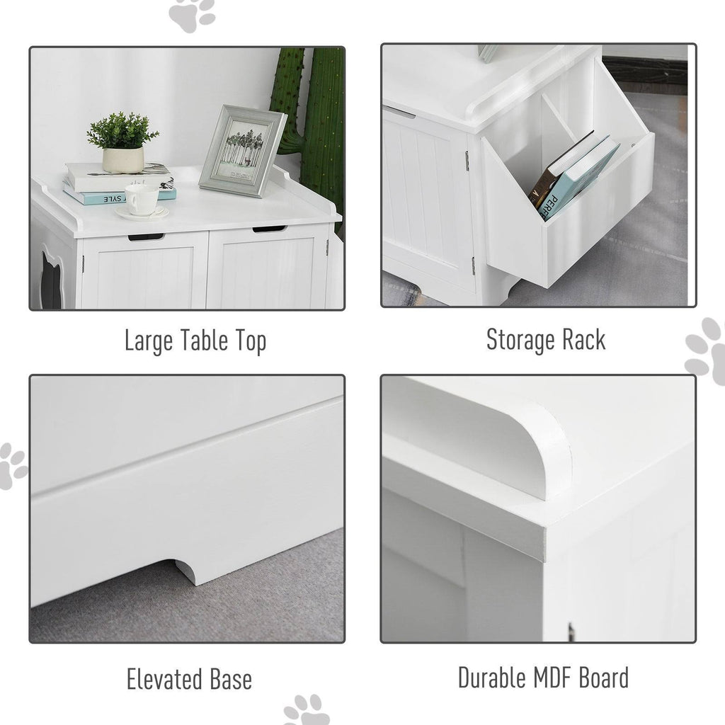 White Wooden Cat Litter Box Enclosure with Nightstand and Storage Rack Q473814