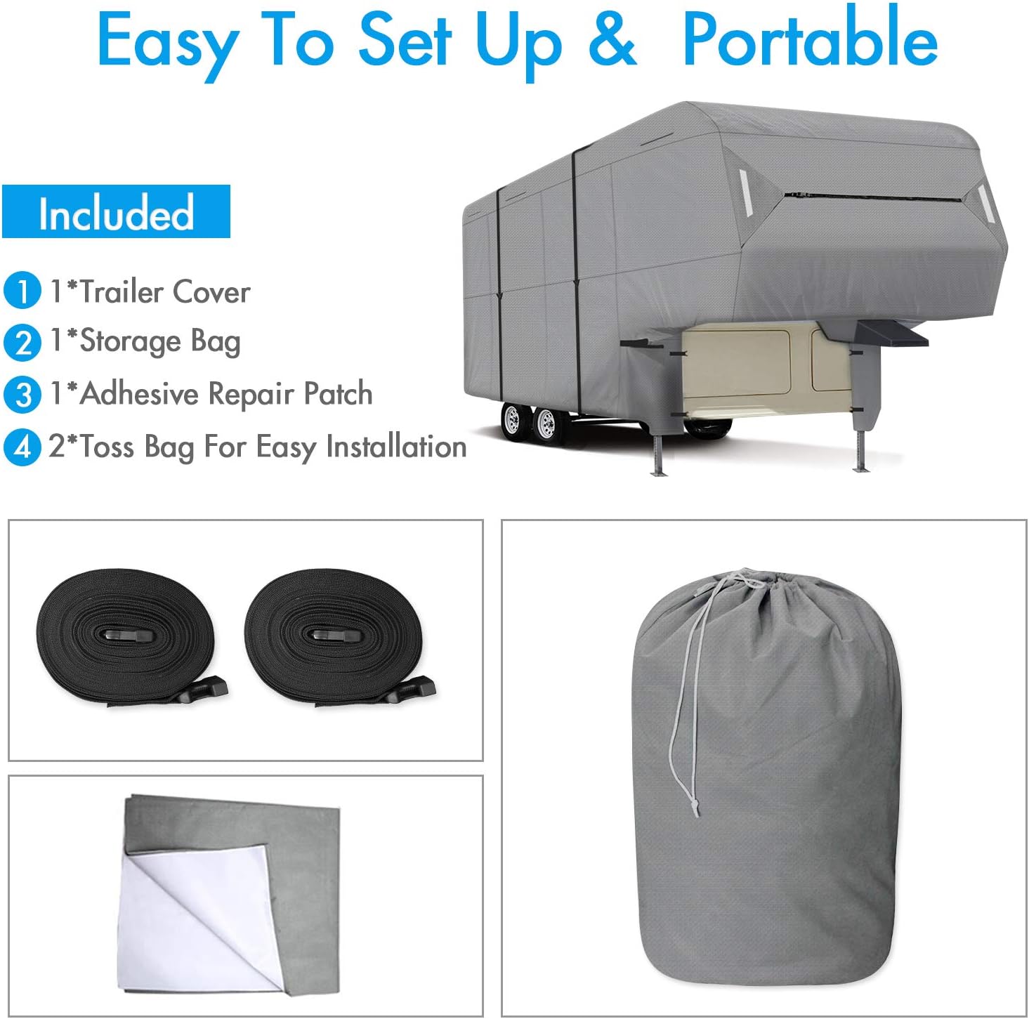 5th Wheel RV Cover 3-Ply Ripstop Waterproof with Steel Pole T7492