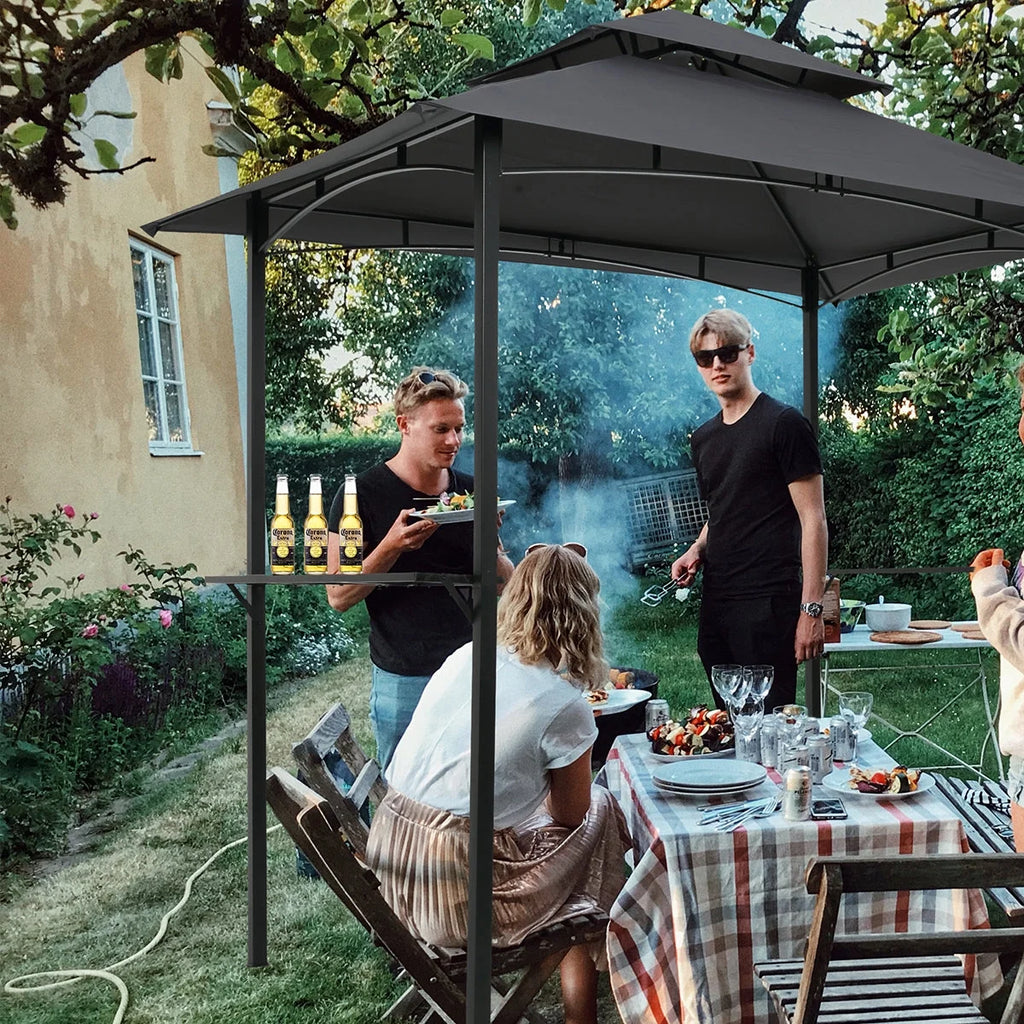 Grey Steel Frame Grill Gazebo Canopy with Bar Counters L1724