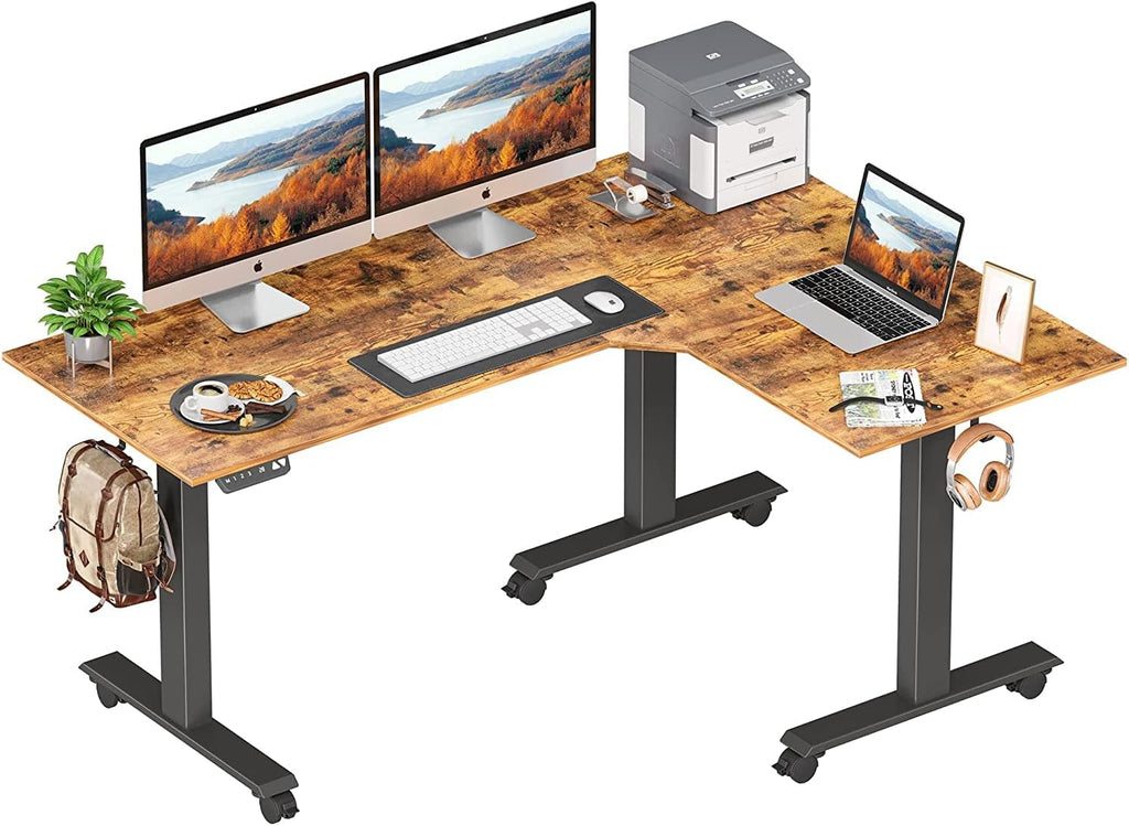 Triple Motor L-Shaped Electric Standing Desk, 63 inches Height Adjustable, Black Frame Rustic Brown Top O913273