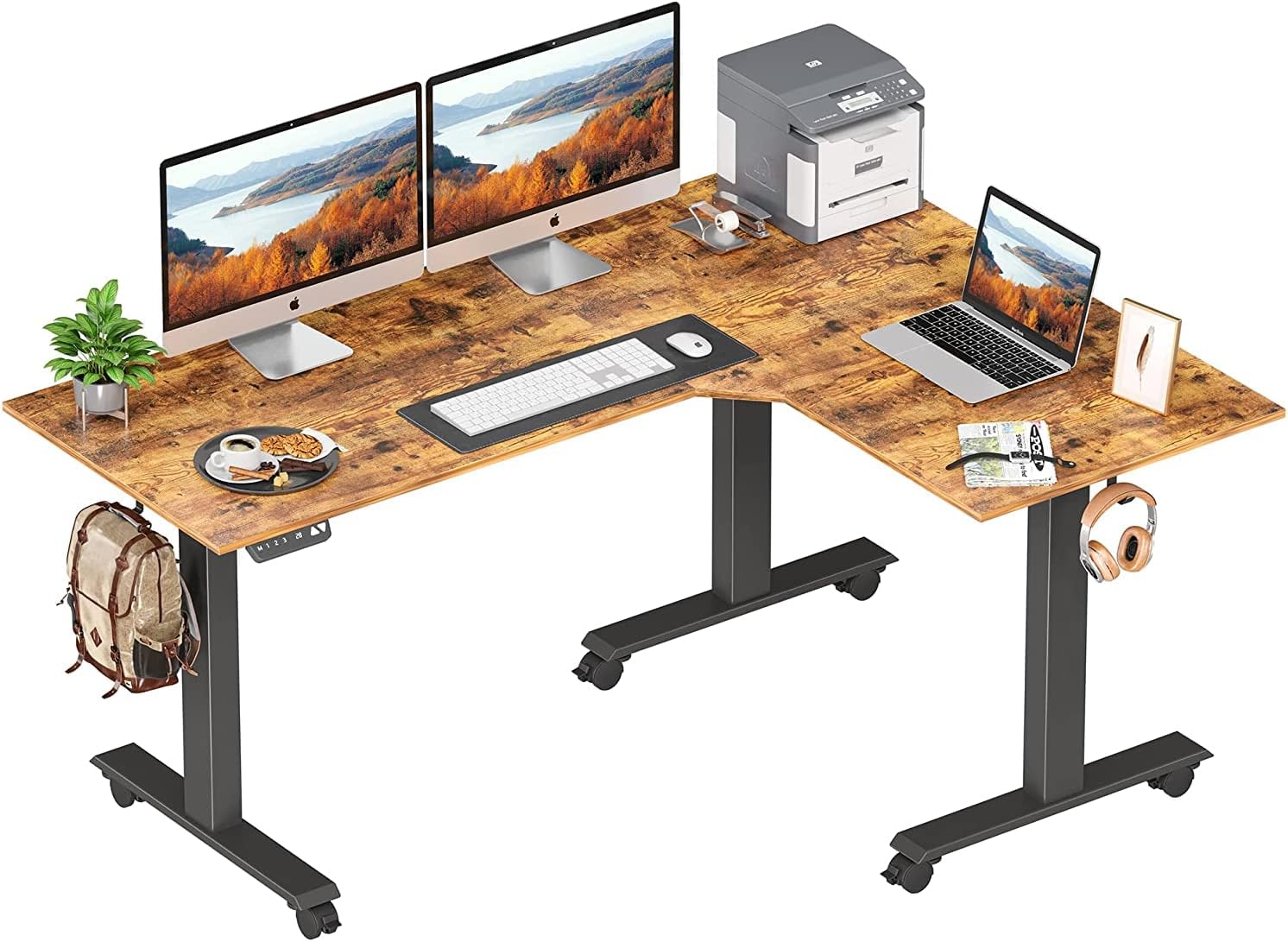 Triple Motor L-Shaped Electric Standing Desk, 63 inches Height Adjustable, Black Frame Rustic Brown Top O913273