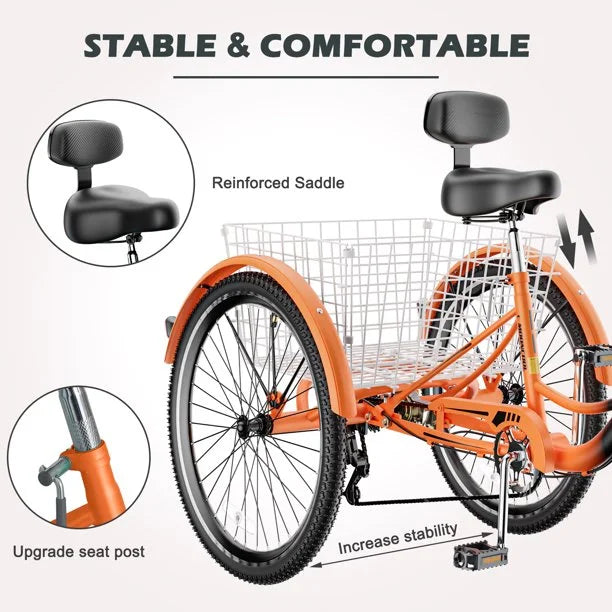 Adult Tricycles 7 Speed 20/24/26 Inch Three Wheel Bike Cruiser Trike with Low-Step Through Frame, Large Basket, Backrest Saddle P84994