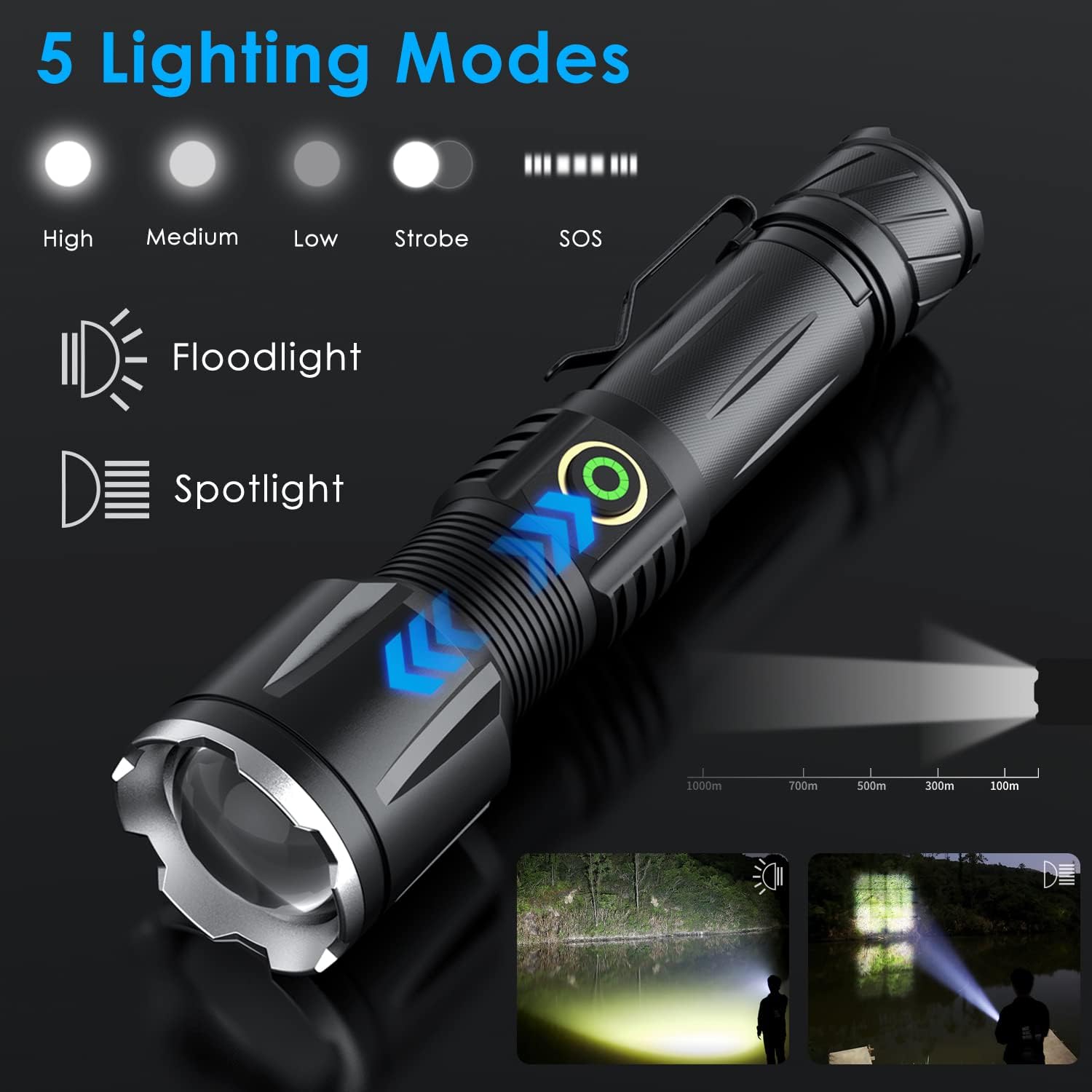 Rechargeable Tactical Flashlight, 120000 Lumens, 5 Modes, Zoomable, Waterproof E23026